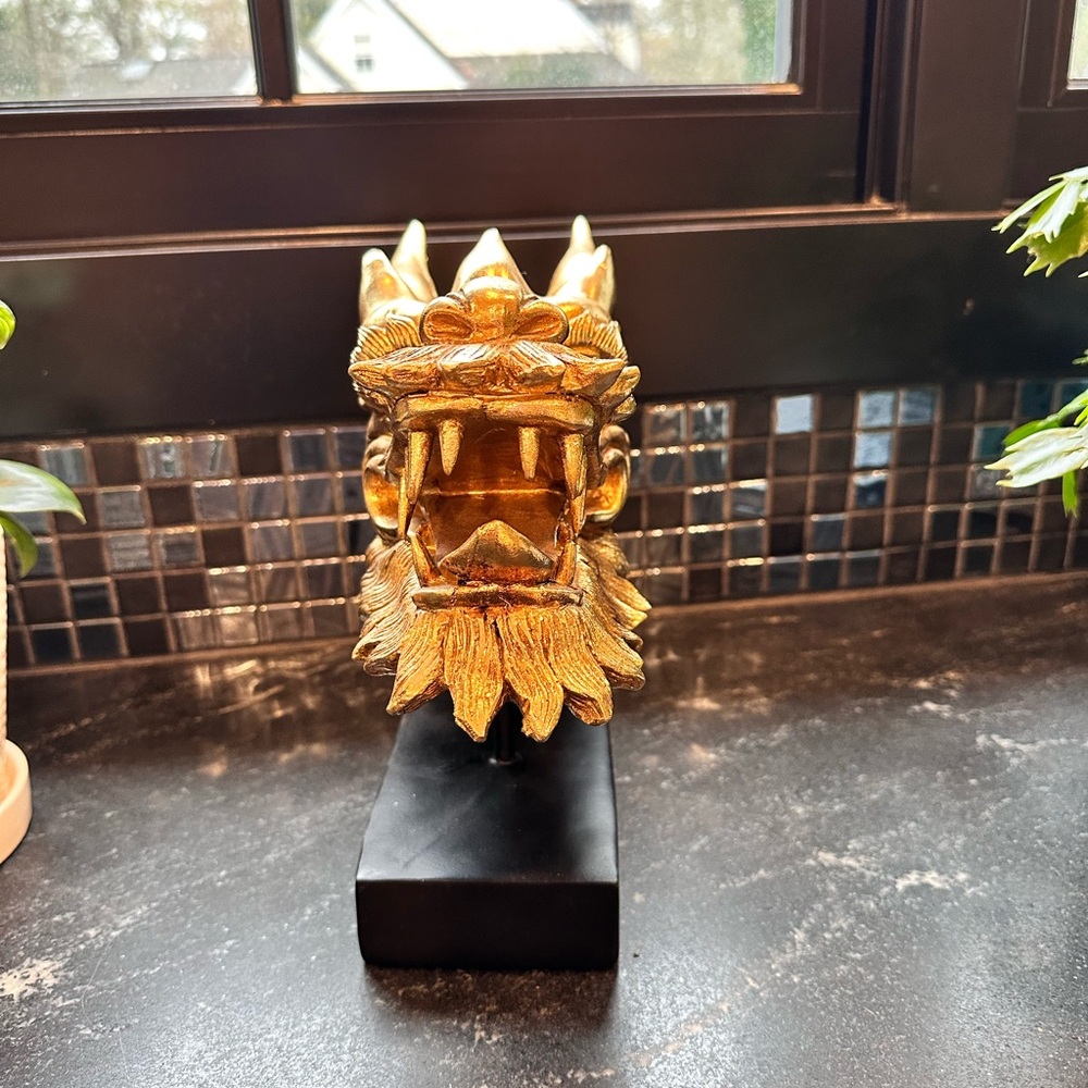 Chinoiserie Regency Golden Dragon Head Statue W/ Base - Picture 2 of 8